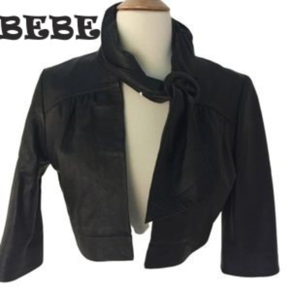 BeBe Black Leather Cropped Jacket Scarf Collar Size S EUC